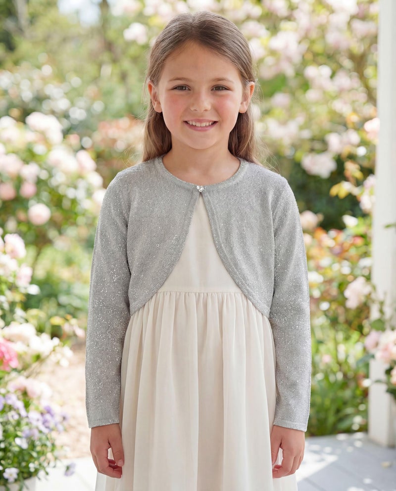 BOLEROSE Girls Long Sleeve Sparkle Cardigan Childrens Kids Bolero Shrug (Silver, 9-10 YRS) - Image 2